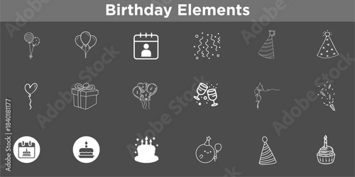 Golden Glitter Birthday Celebration Elements: Festive Abstract Vector Backgrounds, Balloons, Confetti, and Hand-Drawn Design Icons for Event Invitation Templates.