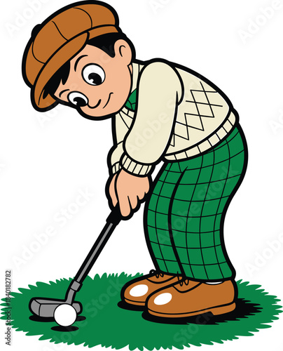 Retro Cartoon Vector Illustration of a Young Boy Playing Golf, Putting the Ball on the Green While Wearing a Traditional Flat Cap and Argyle Sweater Vest for Sport and Hobby Concepts.