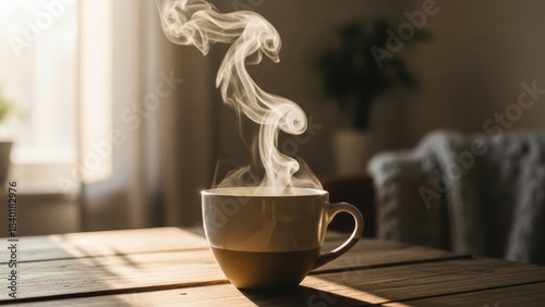 Warm Embrace: A cup of steaming beverage stands center stage, its aroma weaving a tale of comfort and tranquility in a warmly lit setting, evoking feelings of relaxation and simple pleasures.