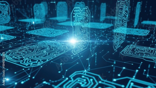 Digital Realm: Captivating image showcases a mesmerizing circuit board design, radiating energy and innovation, with a bright core that emphasizes the essence of digital technology and communication.