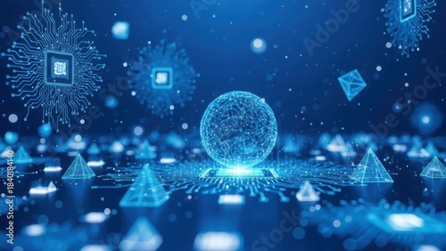 Digital Universe: An ethereal composition of glowing, geometric forms, suggesting a complex, interconnected digital world with a radiant central sphere, and symbolizing innovation.