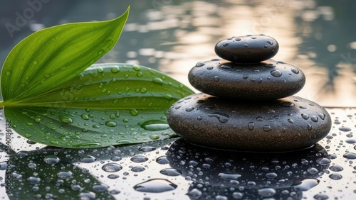 Zen Stones and Leaf: A tranquil composition of stacked dark stones and a vibrant green leaf, adorned with glistening water droplets, epitomizing balance and serenity.