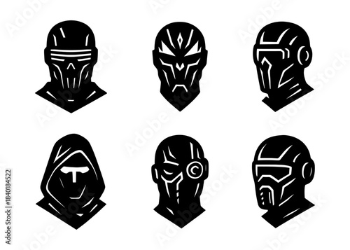 Cyber helmets silhouette icons set, futuristic masks and armored heads