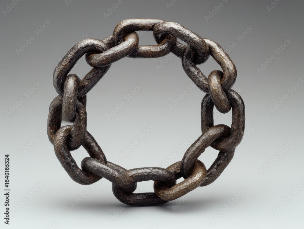 Fototapeta premium A weathered metal chain forms a perfect circle against a muted background