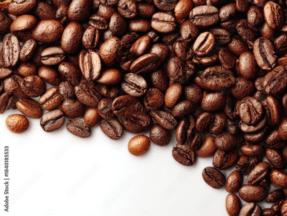 Fototapeta premium A close up view of roasted coffee beans scattered across a white surface