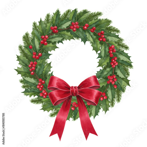 Wallpaper Mural A lush watercolor painting of a traditional christmas wreath featuring dark green glossy holly leaves, ruby-red berries, and a crimson velvet bow, isolated on white. Concept of classic holiday Torontodigital.ca
