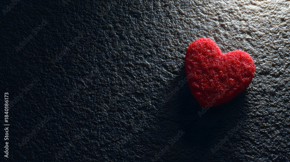 Fototapeta premium adore. A red heart-shaped object illuminated by warm light, evoking romance on a dark textured surface. wellbeing guides.