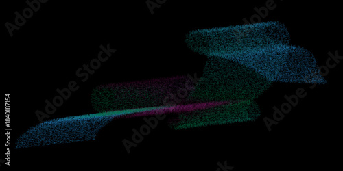 Abstract digital artwork composed of thousands of small particle-like strokes forming layered, flowing shapes in blue, green, and purple hues, stretching diagonally across a pure black background