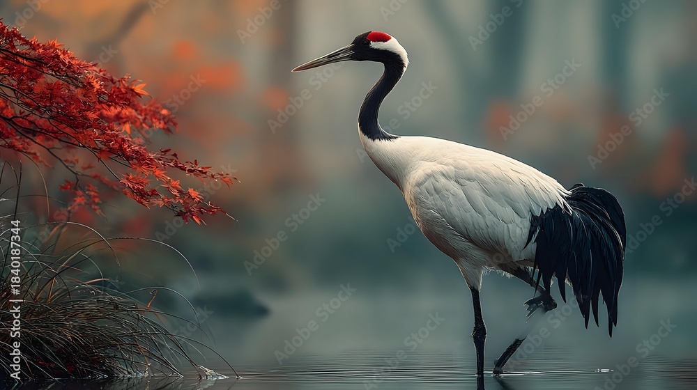 Obraz premium Elegant red-crowned crane standing in misty water near vibrant autumn maple foliage, creating serene Asian wildlife scene with atmospheric foggy background.
