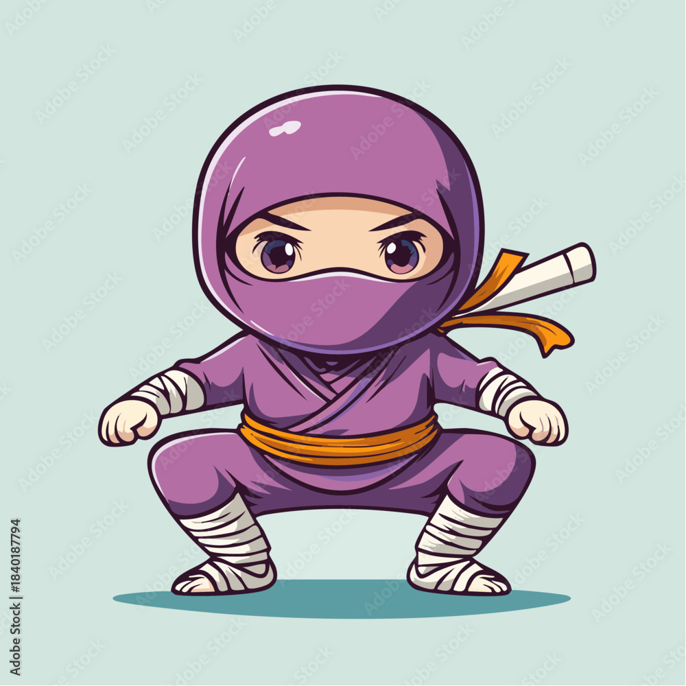 Fototapeta premium Cute cartoon ninja character in a squatting position, wearing a purple outfit and yellow belt.