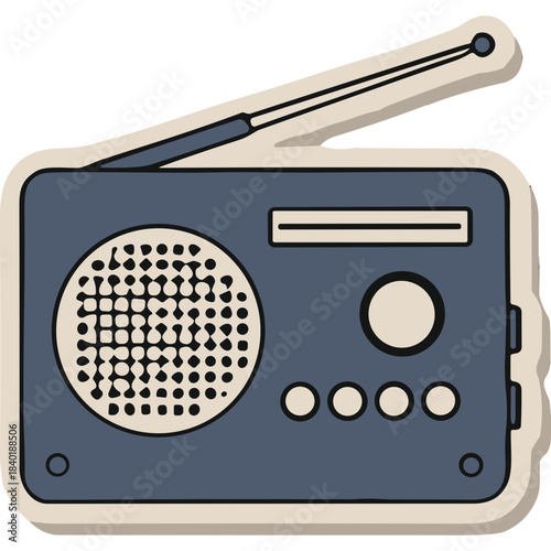 Retro Portable Radio With Antenna And Speaker Grid In Blue And Beige Colors On A White Background With Soft Shadow