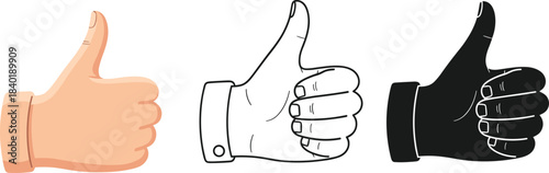 Thumbs Up Hand Gesture Set, Realistic, Line Art, Silhouette Styles, Approval Symbol, Flat Vector Illustration, Isolated Graphic Elements