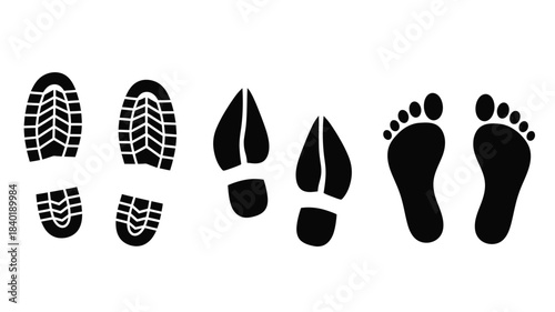 A collection of various shoe and barefoot print impressions silhouette
