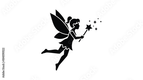A whimsical fairy in flight casting magic with her wand silhouette