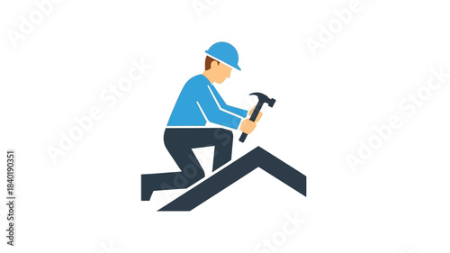 Roofer working on a roof with a hammer a distinct silhouette