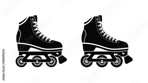Two black roller skates depicted in a striking graphic silhouette