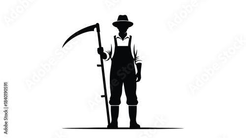 A grim reaper figure with a scythe a stark black silhouette