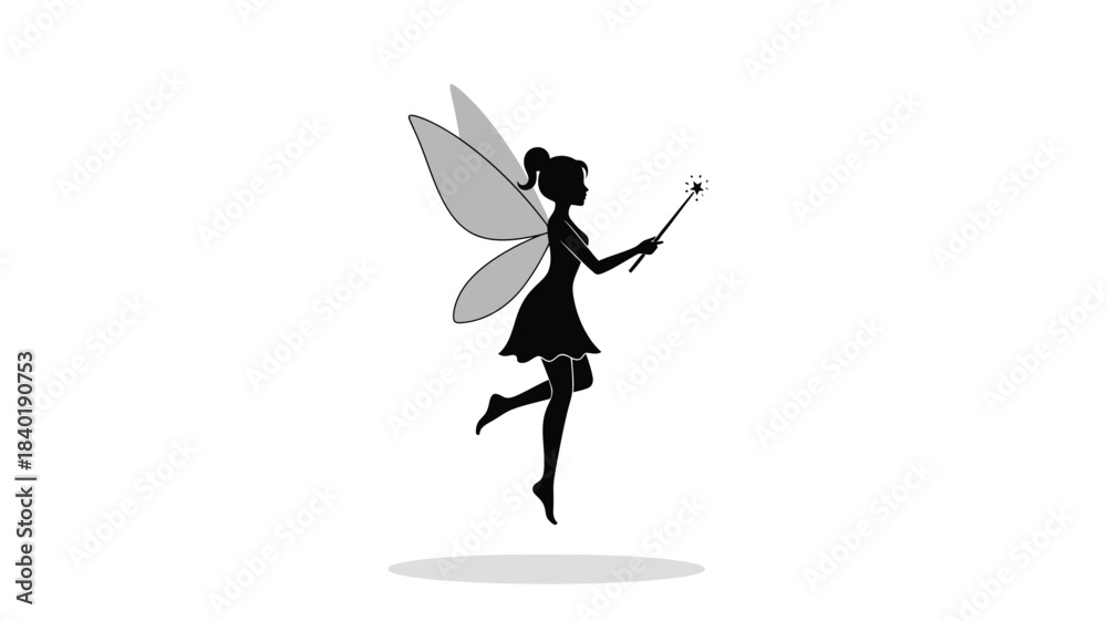 Naklejka premium A delicate fairy in flight holding a wand a striking silhouette