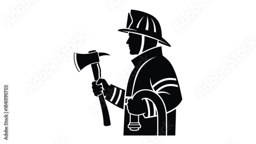 A firefighter with an axe and hose in stark silhouette