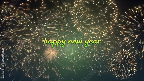 emerald green happy new year greeeting animation with golden firecrackers and text