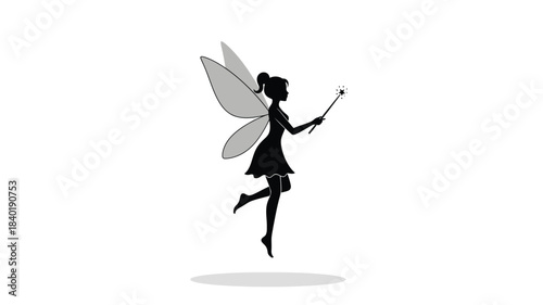 A delicate fairy in flight holding a wand a striking silhouette