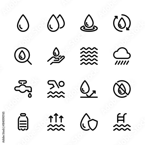 Set of water icons. Water drop, Reuse, Rain, Swim, Protect and more icons. Water Drop icon. 