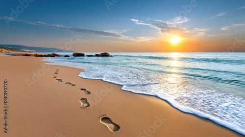 A serene beach scene at sunset, featuring footprints in the sand leading towards gentle waves and a colorful sky.