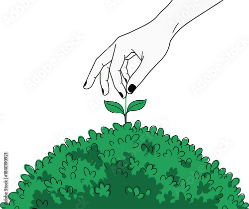 Hand nurturing sprout, growth symbol, minimalist nature care, green foliage illustration, eco concept art, flat vector design, flat vector illustration
