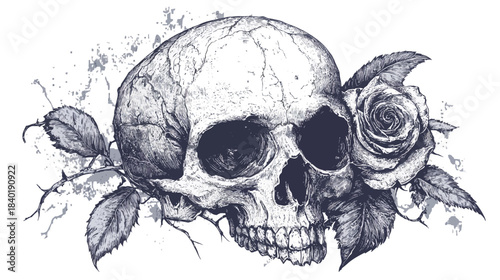 Detailed illustration of a skull with a rose and foliage