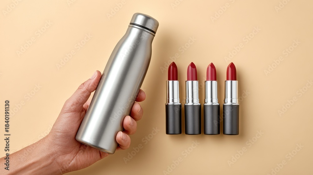 Obraz premium A hand holds a silver water bottle beside four red lipsticks on a beige background, showcasing a blend of beauty and practicality.