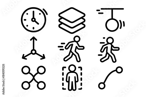 Black line symbols for time, data layers, movement, tracking, and coordinate systems