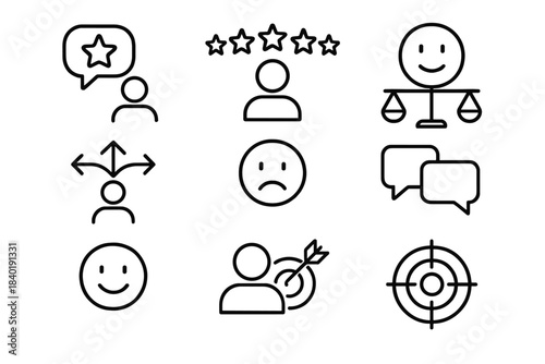 Customer experience, satisfaction, and feedback concepts with rating stars, targets, and decision making