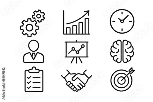 Line icons representing business management, strategy, planning, growth, teamwork, and productivity