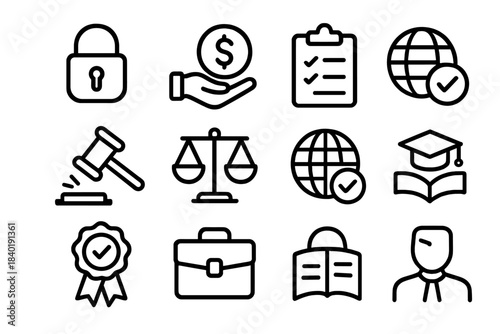 Essential outline icons for legal, financial, education, and business compliance concepts