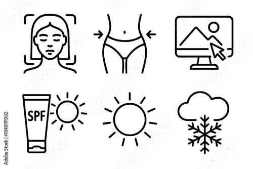 Modern collection of outline icons for beauty, health, digital editing, and weather
