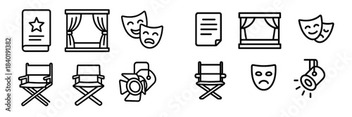 Minimalist line art collection of theater, cinema, drama, and film production elements