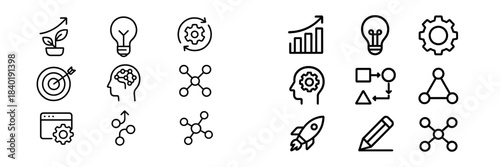 Modern outline symbols representing business strategy, development, innovation, and creative thinking
