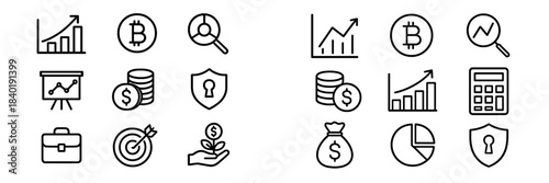 Financial planning, market analysis, cryptocurrency, and business security concepts