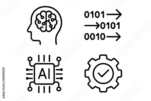 Minimalist line icons representing human intelligence, data processing, and system optimization