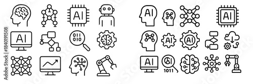 Collection of artificial intelligence and machine learning technology line icons