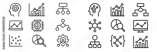Linear icons representing data science, machine learning, and business technology concepts
