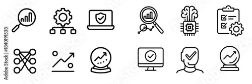 Outline Icons for Data Analysis, Machine Learning, Business Process Management, and Digital Security