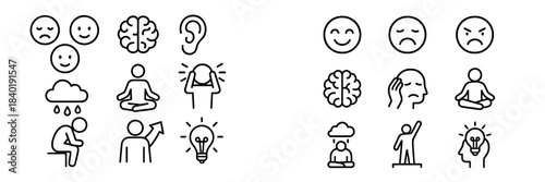 Mental health concepts showing stress, depression, happiness, and creativity