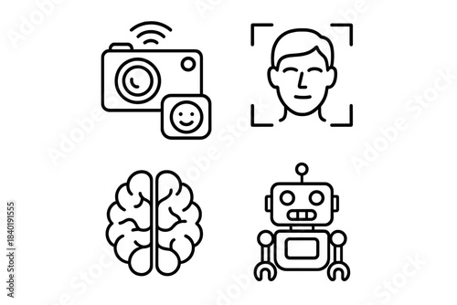 Outline Icons Set for Artificial Intelligence, Robotics, and Biometric Security Systems
