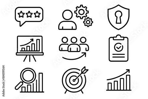 Essential business icons representing strategy, security, teamwork, data analysis, and customer feedback