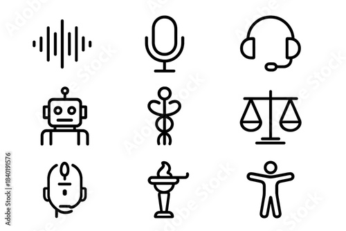 Set of diverse line icons covering technology, communication, justice, health, and human concepts