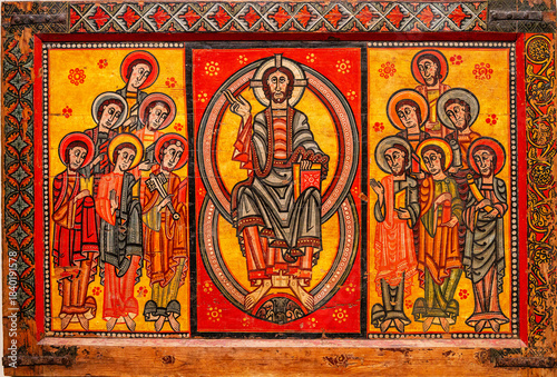 front of the apostles, front of the altar of the cathedral of Urgell, temple and remains of colored metal leaves on wood, church of the bishopric of Urgell, MNAC, Barcelona, ​​Catalonia, Spain