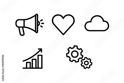 Simple black line icons set for communication, favorites, cloud storage, business growth, and settings