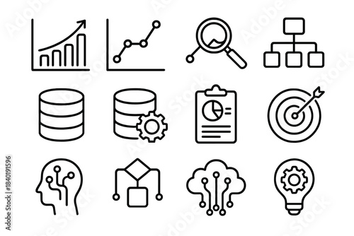 Outline Icons Set for Business Data Analysis Technology and Artificial Intelligence