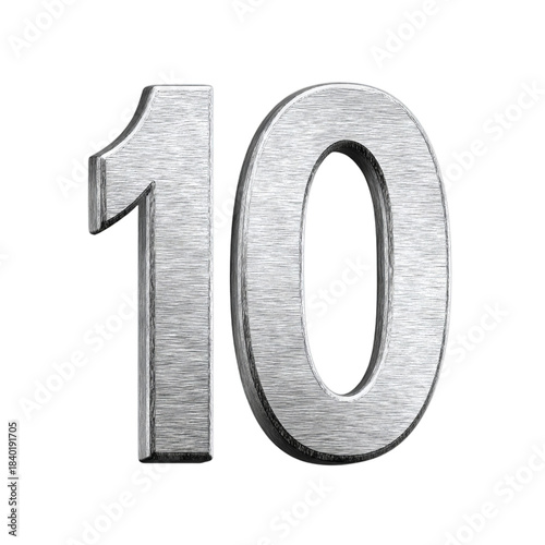 Number 10 in metallic silver texture. Isolated white background. Png format